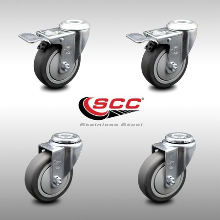 Service Caster 4 Inch SS Thermoplastic Rubber Bolt Hole Caster Set with 2 Total Lock Brake SCC SCC-SSBHTTL20S414-TPRB-2-S-2